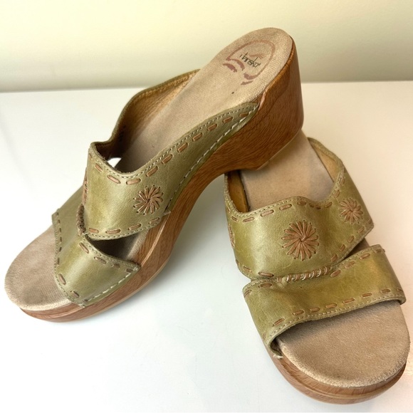 DANSKO Sunny Clogs Sandals Sage Green Leather Shoes Slip Ons Stitching Comfort - Picture 5 of 14